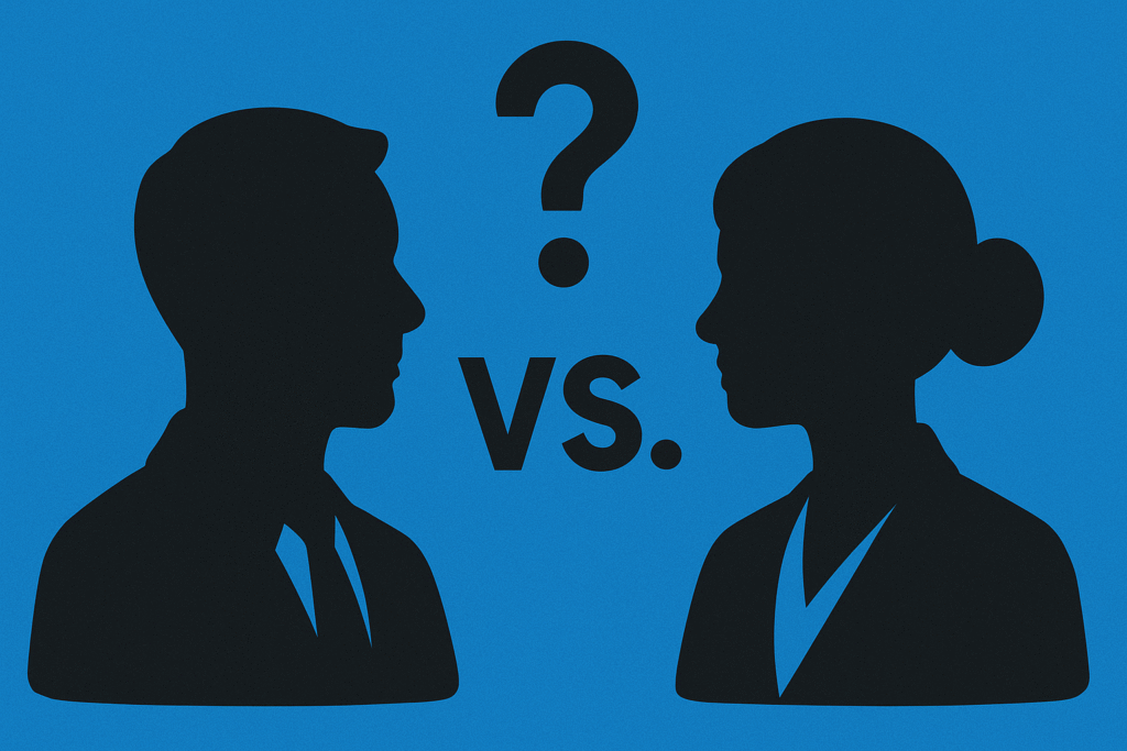 Two cartoon silhouettes representing a Controller and a Director of Finance against a blue background with a question mark above them.