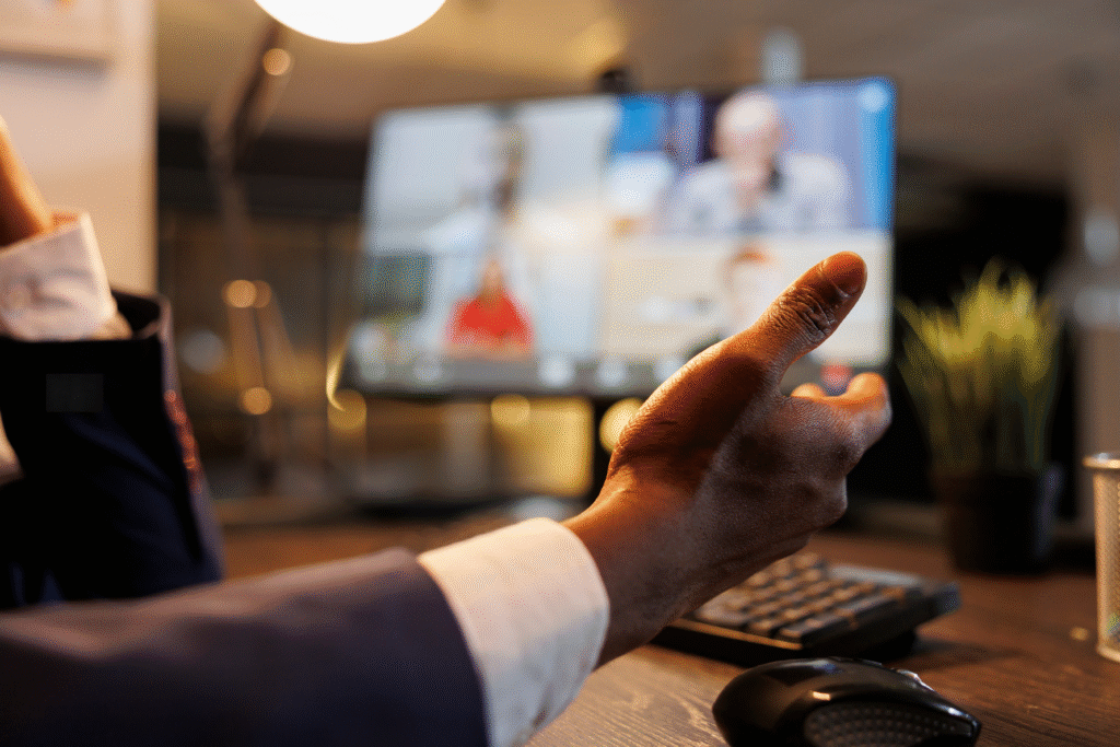 A business man is shown having a zoom call with team members