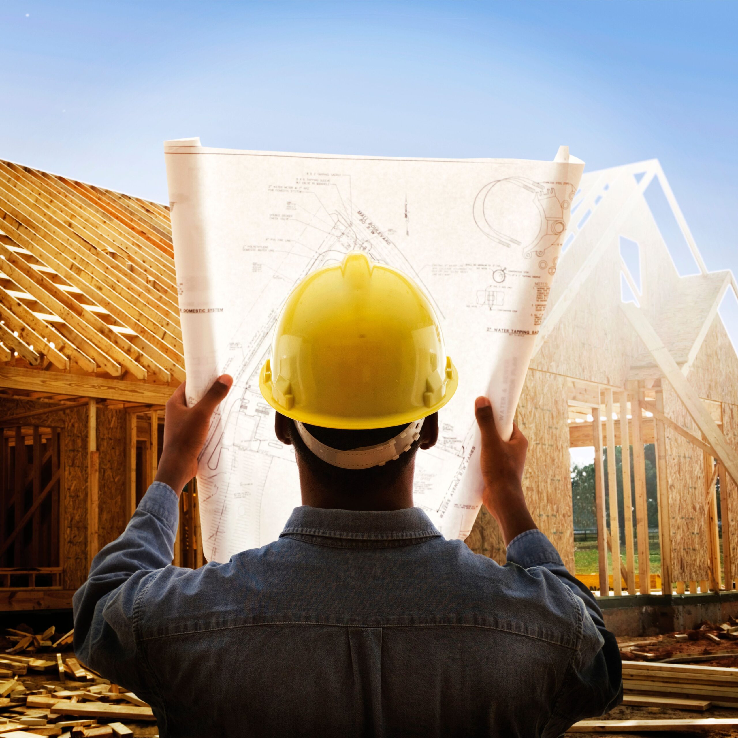 A construction manager is seen holding up the blueprints in front of a worksite.